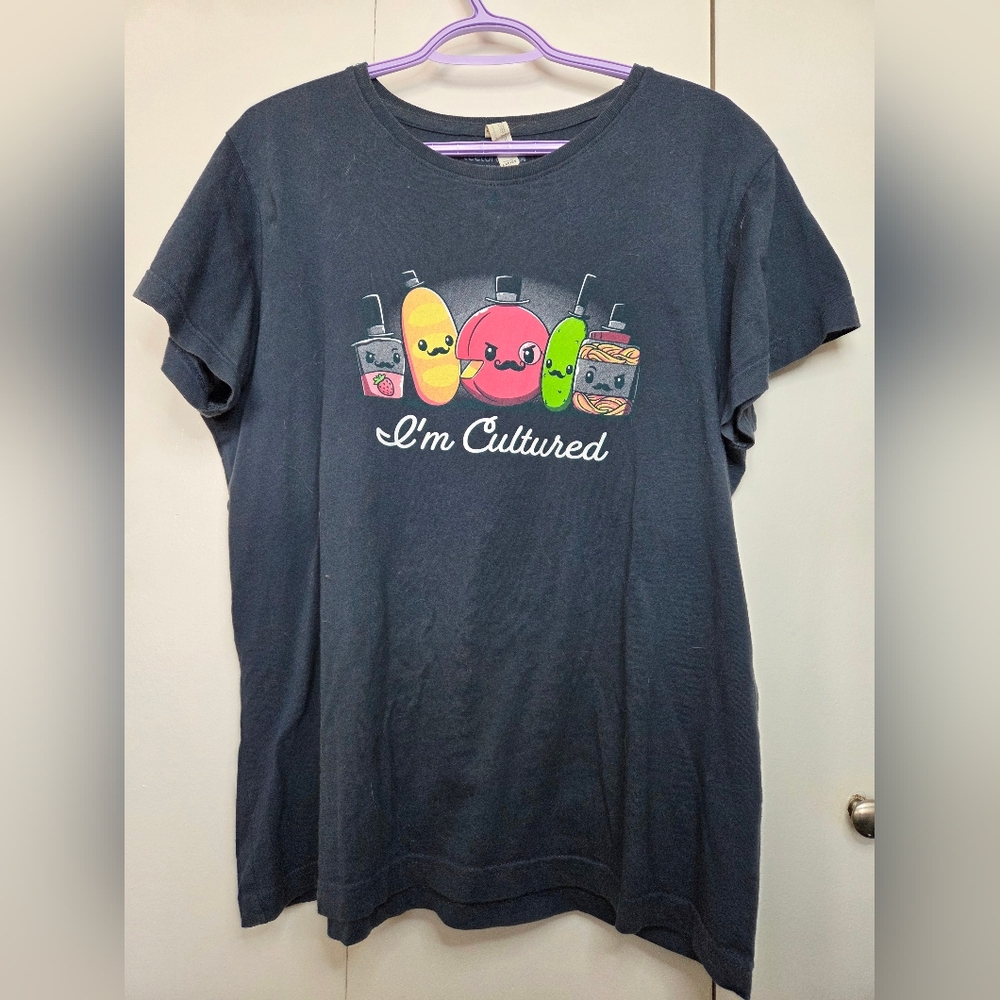 ☀️Teeturtle Women's XL "I'm Cultured" Navy Blue Graphic Funny Foods Crewneck Tee
